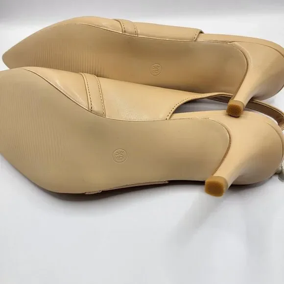 Womens Pumps Size 6.5 Tan Kitten Heels Pointed Toes Stiletto Sling Back Wedding - Picture 8 of 9